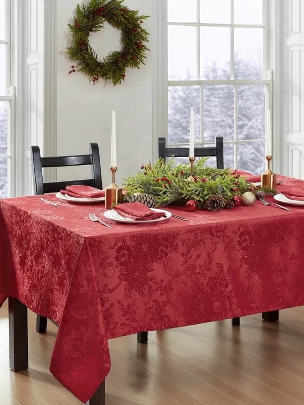 Red Jacquard Holiday Tablecloth - Elegant Dining Table Cover